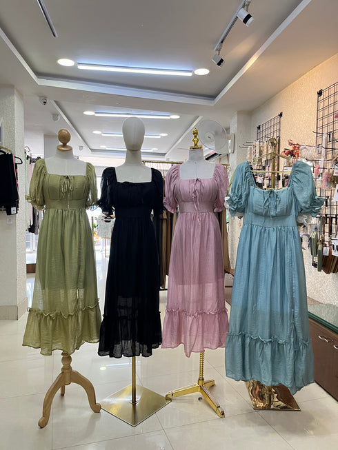 Summer Puff Sleeves Square Neck Side Slit Maxi Dress